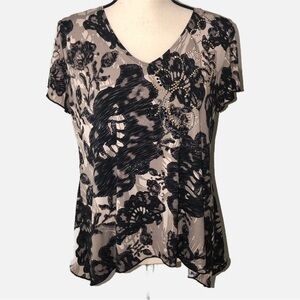 Dressbarn Stretch Knit Flutter Sleeve Scarf Hem Top Shirt M Neutral Metallic